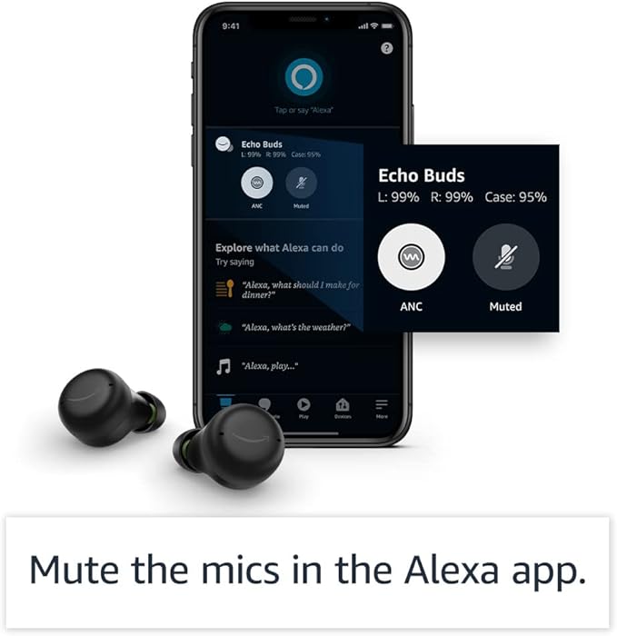 Echo Buds (2nd Gen) | Wireless earbuds with Alexa, Bluetooth in-ear headphones with active noise cancelling, built-in microphone, IPX4 water resistant | Black