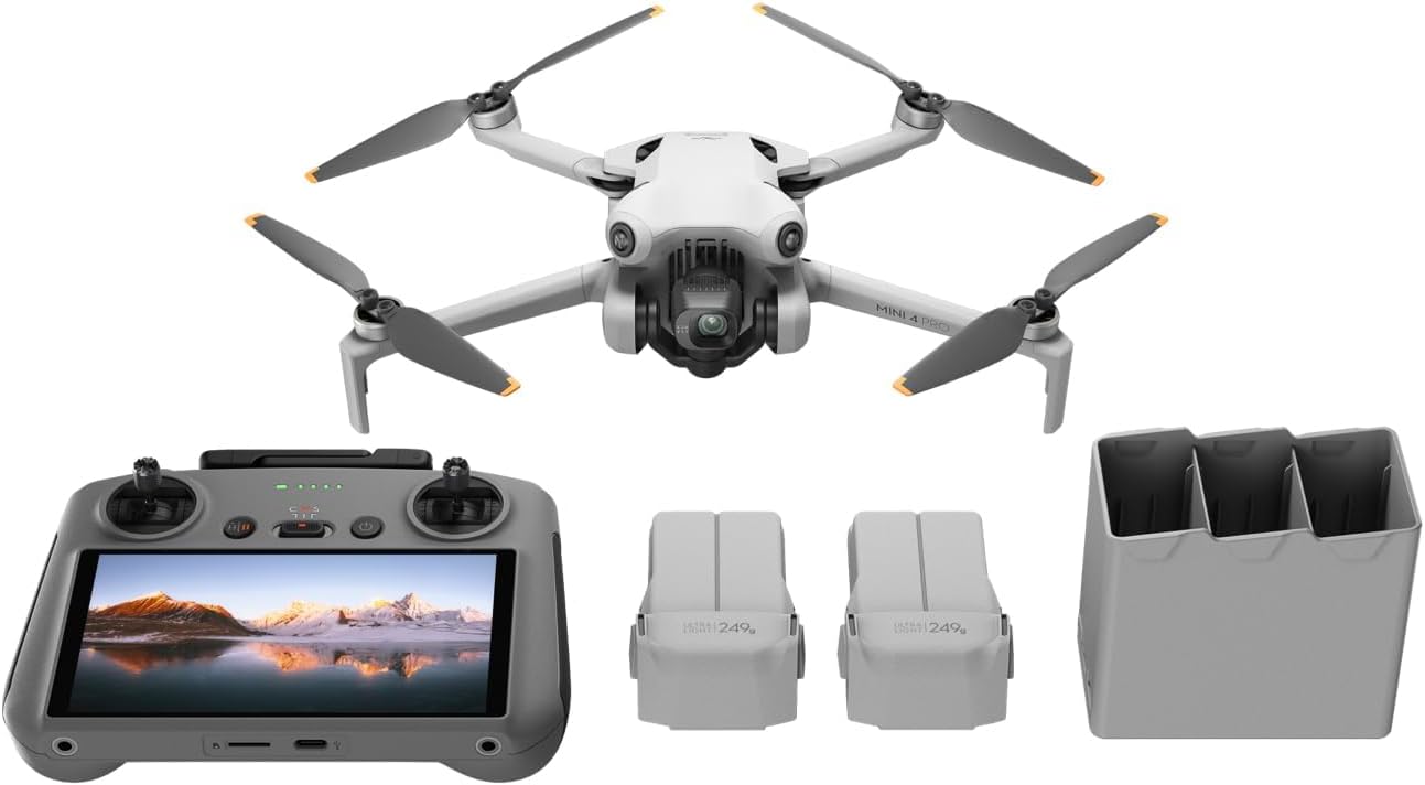 DJI Mini 4 Pro Fly More Combo with DJI RC 2 (screen remote controller), Folding Mini-Drone with 4K HDR Video Camera for Adults, Under 0.549 lbs/249 g, 34-Min Flight Time, 2 Extra Batteries