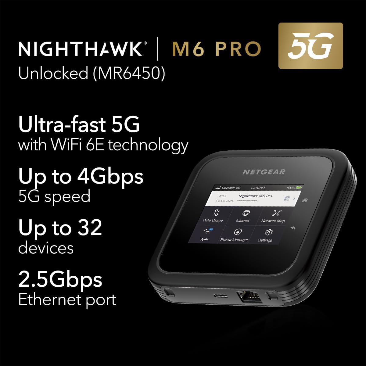 NETGEAR Nighthawk M6 Pro, 5G Router With Sim Slot Unlocked, 5G Hotspot For Portable Wi-Fi, 5G Mobile Modem Router for Home/Business, 5G & 4G MiFi, AX3600 Wi-Fi 6E, up to 32 devices (MR6450)