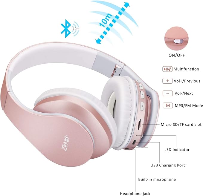 ZIHNIC Bluetooth Headphones Over-Ear, Foldable Wireless and Wired Stereo Headset Micro SD/TF, FM for Cell Phone,PC,Soft Earmuffs &Light Weight for Prolonged Wearing(Rose)