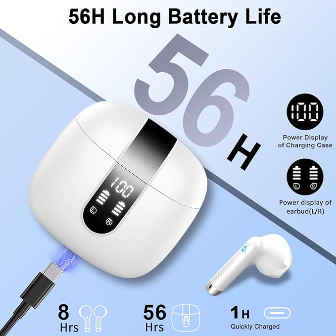 Wireless Earbuds, Bluetooth 5.3 Headphones NEW Wireless Headphones with 4 ENC Mic, 56H Bluetooth Earphones in Ear Noise Cancelling Deep Bass, Mini Ear Buds Bluetooth Earbuds IP7 Waterproof LED Display