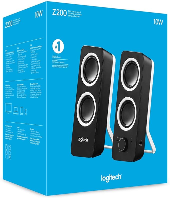 Logitech Z200 PC Speakers, Stereo Sound, 10 Watts Peak Power, 2 x 3.5mm Inputs, Headphone Jack, Adjustable Bass, Volume Controls, UK Plug, PC/TV/Smartphone/Tablet - Midnight Black