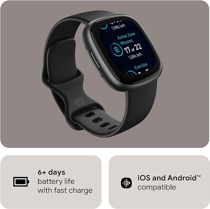 Fitbit Versa 4 Fitness Smartwatch with built-in GPS and up to 6 days battery life - compatible with Android and iOS.