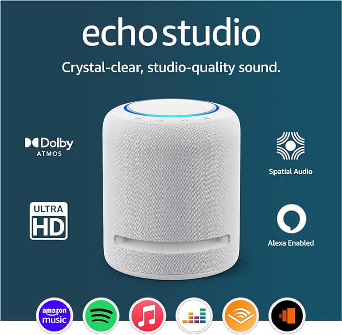 Echo Studio | Our best-sounding Wi-Fi and Bluetooth smart speaker ever | Dolby Atmos, spatial audio, smart home hub and Alexa | Glacier White