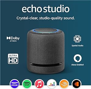 Echo Studio | Our best-sounding Wi-Fi and Bluetooth smart speaker ever | Dolby Atmos, spatial audio, smart home hub and Alexa | Charcoal