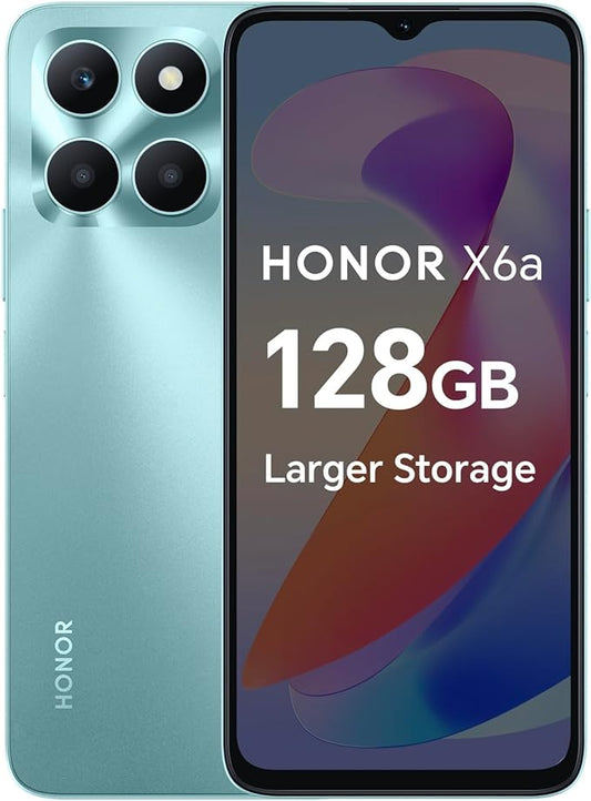 HONOR X6a Mobile Phone Unlocked, 6.5-Inch 90Hz Fullview Display, 4GB+128GB, 5200 mAh Long-lasting Battery, 50MP Triple Camera, Android 13(2 Year Warranty), Cyan Lake