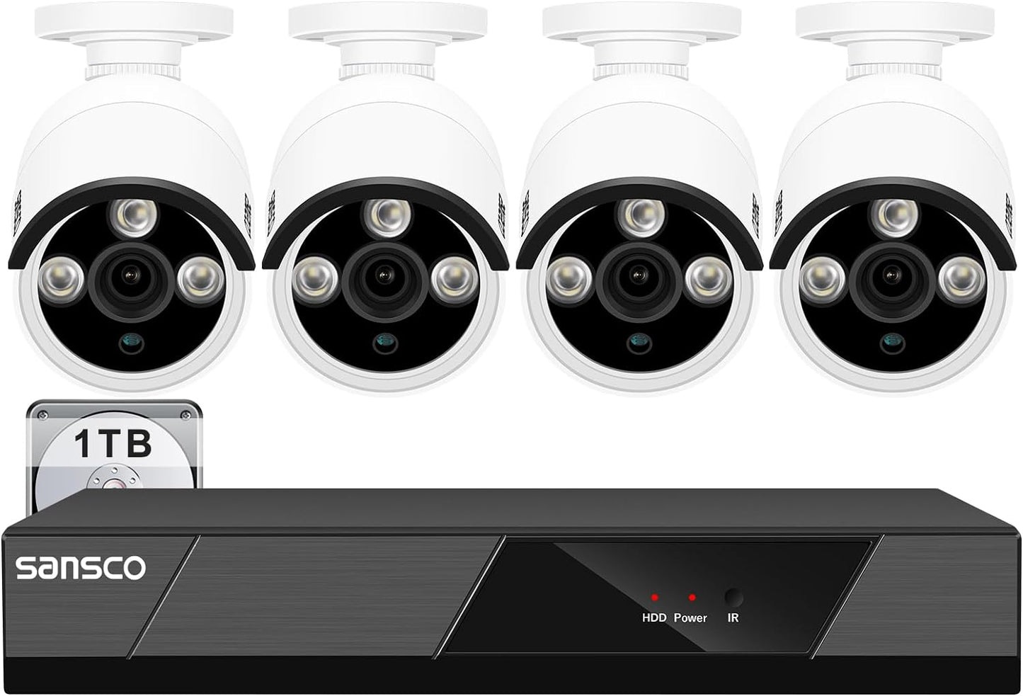 SANSCO PoE CCTV Security Camera System with 1TB Hard Drive Audio Recording, 8CH 4K NVR + (4) 4MP Outdoor IP Cameras (2560x1440, Built-in Mic, AI Human/Face Detection, Night Vision, Remote Access)