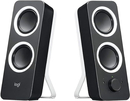 Logitech Z200 PC Speakers, Stereo Sound, 10 Watts Peak Power, 2 x 3.5mm Inputs, Headphone Jack, Adjustable Bass, Volume Controls, UK Plug, PC/TV/Smartphone/Tablet - Midnight Black