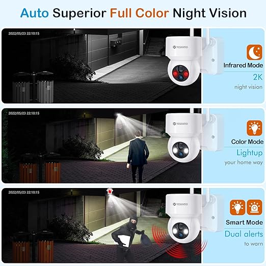 YESKAMO 360° 2K Solar Security Camera Wireless, 15000mAh Rechargeable Battery Operated CCTV System, WiFi Home Surveillance, Color Night Vision, Motion Detection, 2 Way Audio, Floodlight, White [Energy Class A+++]