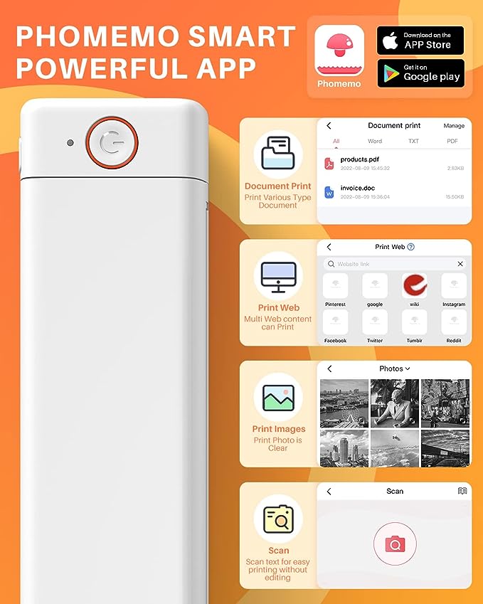 Phomemo M08F Portable Printer – Inkless Thermal Mobile Printer Compatible with iOS, Android & Laptop, Portable Printers Wireless for Mobile Home Use, Office, Tattoo, School, Car