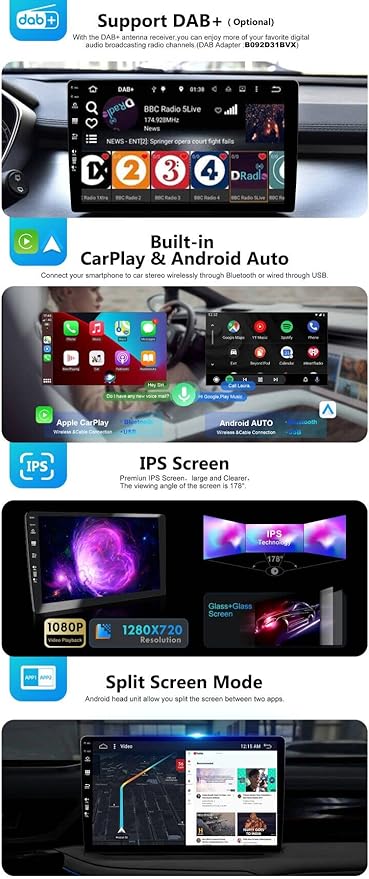 SXAUTO Android 12 IPS Car Stereo For FAIT 500 (2007-2015) - 2G+32G - Wireless CarPlay/Android Auto - Rear Camera Free - 9 Inch 2 Din - DAB Steering Wheel Fast-boot DSP Bluetooth WIFI