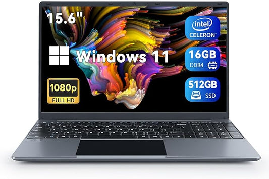 Geviar 16GB DDR4 512GB SSD Laptop, 15.6 Inch Windows 11 Intel Celeron N5095 Quad-Core Processor up to 2.9Ghz,1080P Screen Laptops,2.4/5G WiFi, Bluetooth 4.2,Mini HDMI,2xUSB 3.0,Type-C