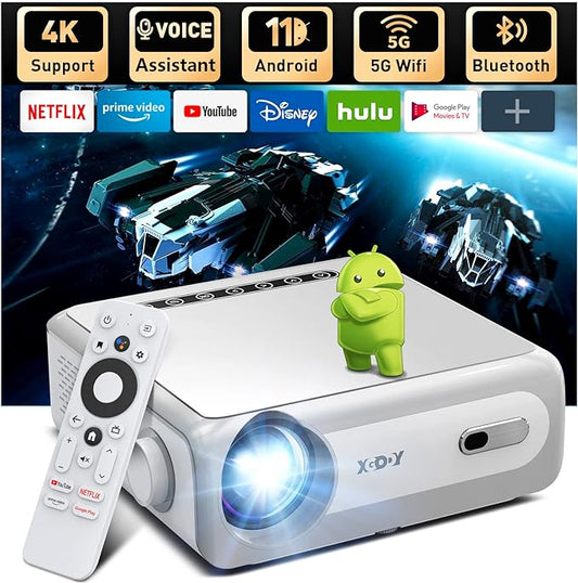 4K Supported Projector with 5G WiFi Bluetooth, Android TV 11 Smart Projector Native 1080P XGODY Sail1,700 ANSI Lumens Home Movie Zoom Function HD Video Projector Hi-Fi Speaker with Netflix 7000+APPs