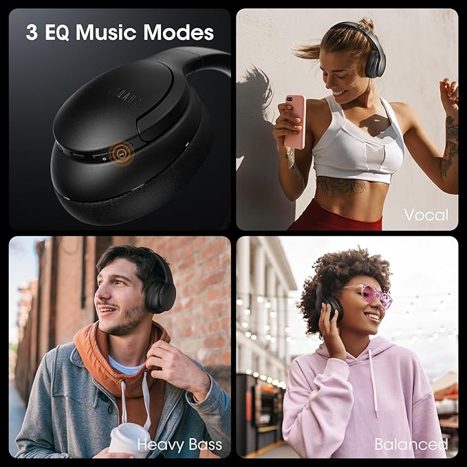 DOQAUS Bluetooth Headphones Over Ear, 90H Playtime, Bluetooth 5.3 Wireless Headphones with 3 EQ Modes, HiFi Stereo Bass Sound, Built-in Mic, Soft Earpad, Foldable Headphones for Phone/PC/Travel(Black)