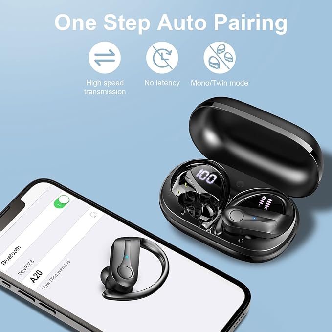 Wireless Headphones, Bluetooth 5.3 Sports Wireless Earbuds Hifi Stereo Noise Cancelling with HD Mic, 50H Playtime Earphones Dual LED Display, USB-C, IP7 Waterproof, Gym