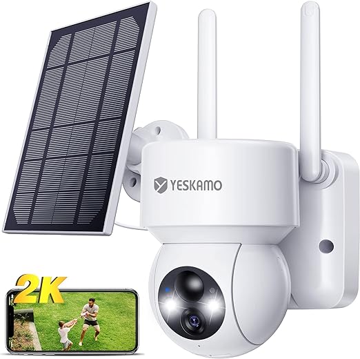 YESKAMO 360° 2K Solar Security Camera Wireless, 15000mAh Rechargeable Battery Operated CCTV System, WiFi Home Surveillance, Color Night Vision, Motion Detection, 2 Way Audio, Floodlight, White [Energy Class A+++]