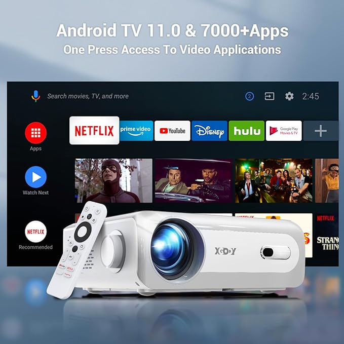 4K Supported Projector with 5G WiFi Bluetooth, Android TV 11 Smart Projector Native 1080P XGODY Sail1,700 ANSI Lumens Home Movie Zoom Function HD Video Projector Hi-Fi Speaker with Netflix 7000+APPs