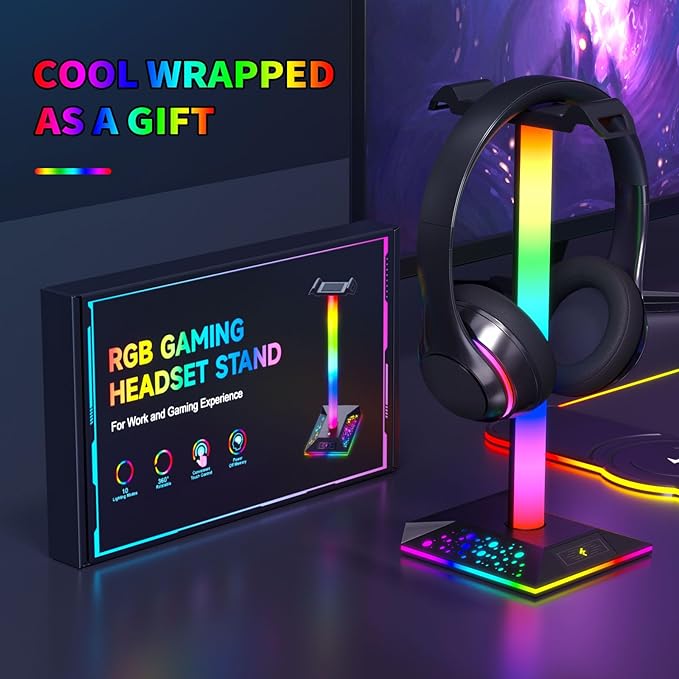 Hcman Headphone Stand Gaming Headset Holder RGB PC Gaming Accessories for Desk, Cool LED Headset Stand with 2 USB Charger for Gamer, Black