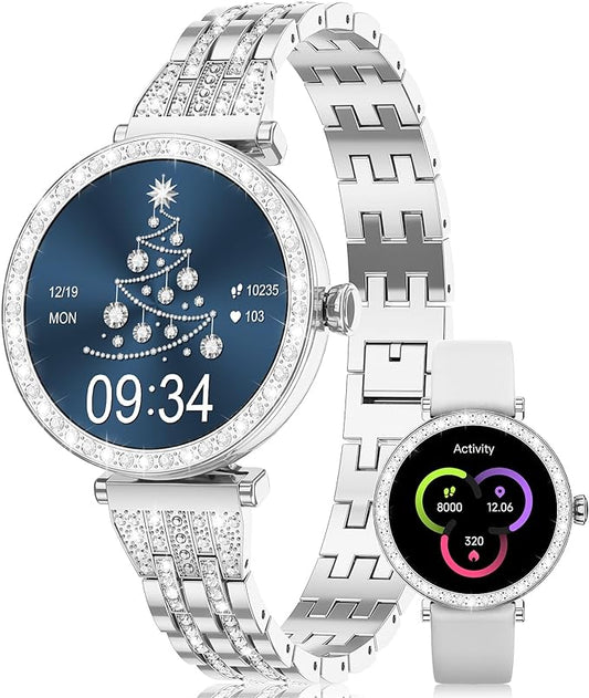 ESFOE Smart Watch for Women Diamond with 1.19'' AMOLED/Heart Rate/Sleep Monitor/SPO2/Message Dispaly/Make Calls, Fitness Tracker 111+ Sports Modes/IP68,Bling Smartwatches for iOS Android Silver