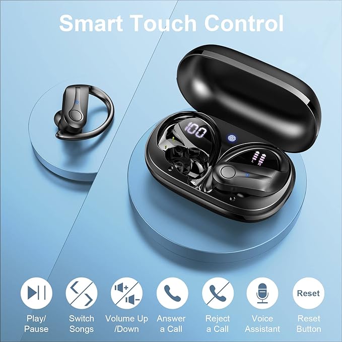 Wireless Headphones, Bluetooth 5.3 Sports Wireless Earbuds Hifi Stereo Noise Cancelling with HD Mic, 50H Playtime Earphones Dual LED Display, USB-C, IP7 Waterproof, Gym