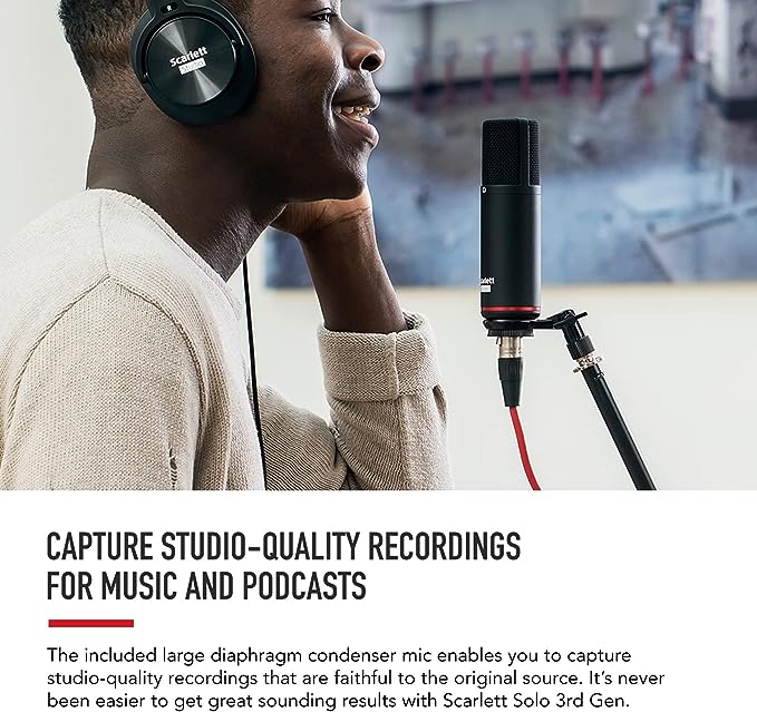 Focusrite Scarlett Solo Studio 3rd Gen USB Audio Interface Bundle for the Guitarist, Vocalist or Producer with Condenser Microphone and Headphones for Recording, Songwriting, Streaming and Podcasting