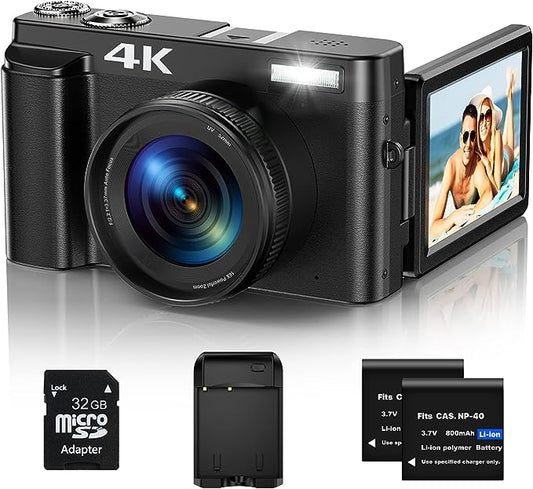 Digital Camera, 4K 48MP Autofocus Video Camera with 32G Card, 2.7'' 180°Flip Screen Vlogging Camera for Youtube 16X Digital Zoom with Flash, Rechargeable Compact Camera for Teens Beginners Adults