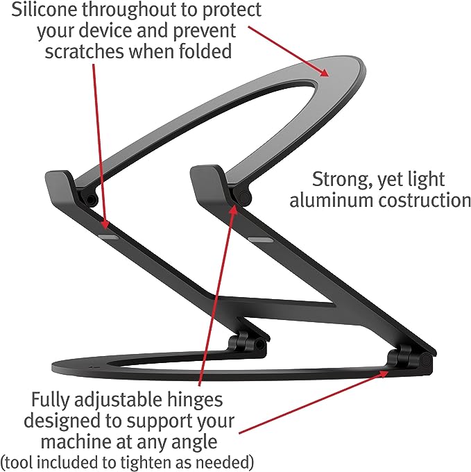 Twelve South Curve Flex | Ergonomic Height & Angle Adjustable Aluminum Laptop/MacBook Stand/Riser, fits 10"-17", folds flat for portability -travel pouch included, matte black