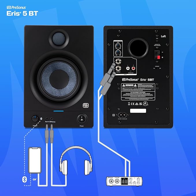 PreSonus Eris 5BT Gen 2 — 5-inch Powered Desktop Speakers with Bluetooth for Multimedia, Gaming, Studio-Quality Music Production, 100W