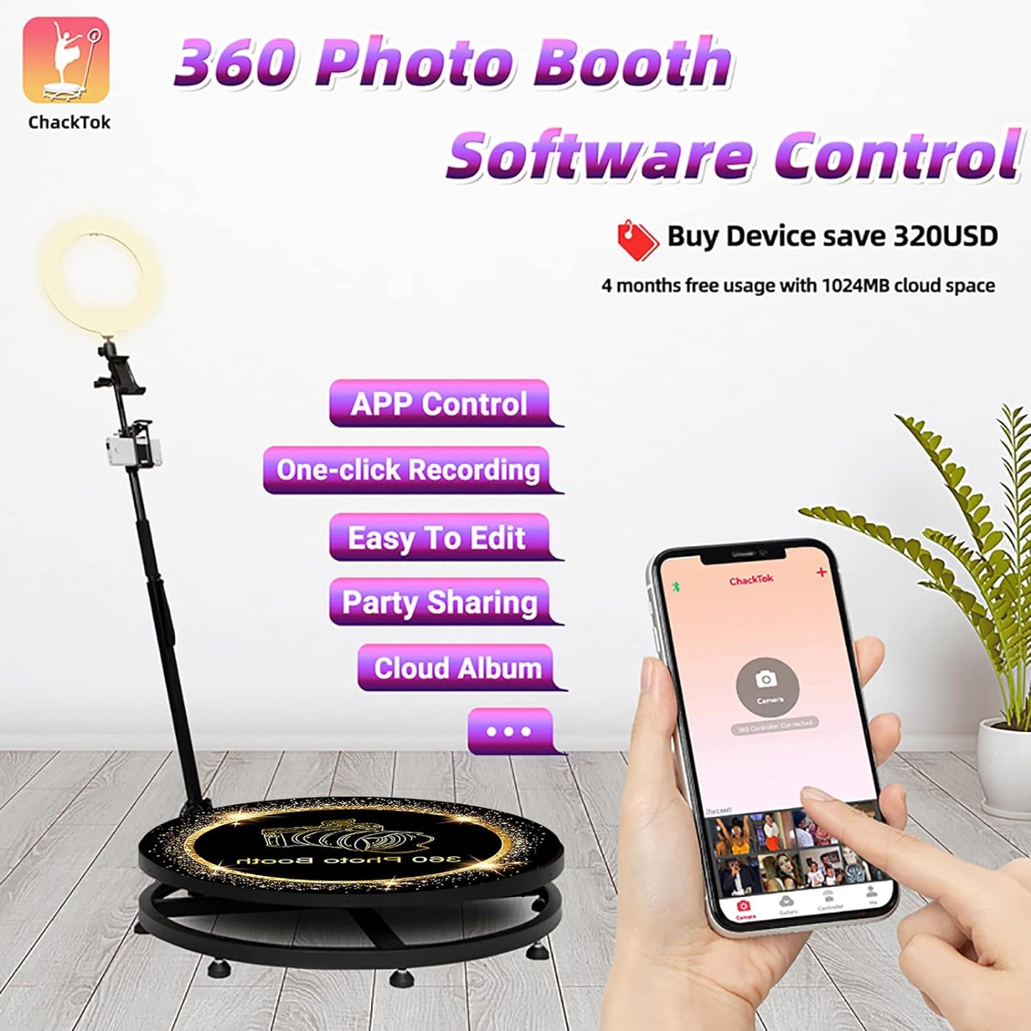 360 Photo Booth Machine with Software Upgrades - Stand-on Ring Light, Free Logo, APP Remote Control & Extendable Stand - Perfect for Parties!