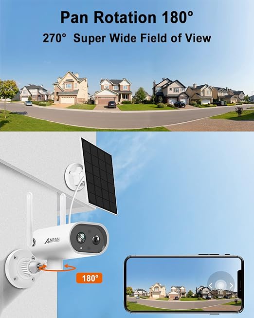 ANRAN 2K Solar Security Camera Outdoor, 180° Pan Rotation CCTV Wireless Battery Camera, PIR Motion Detection & Siren, WiFi Home Surveillance Camera with Night Vision, 2-Way Talk, IP65 Waterproof, S02