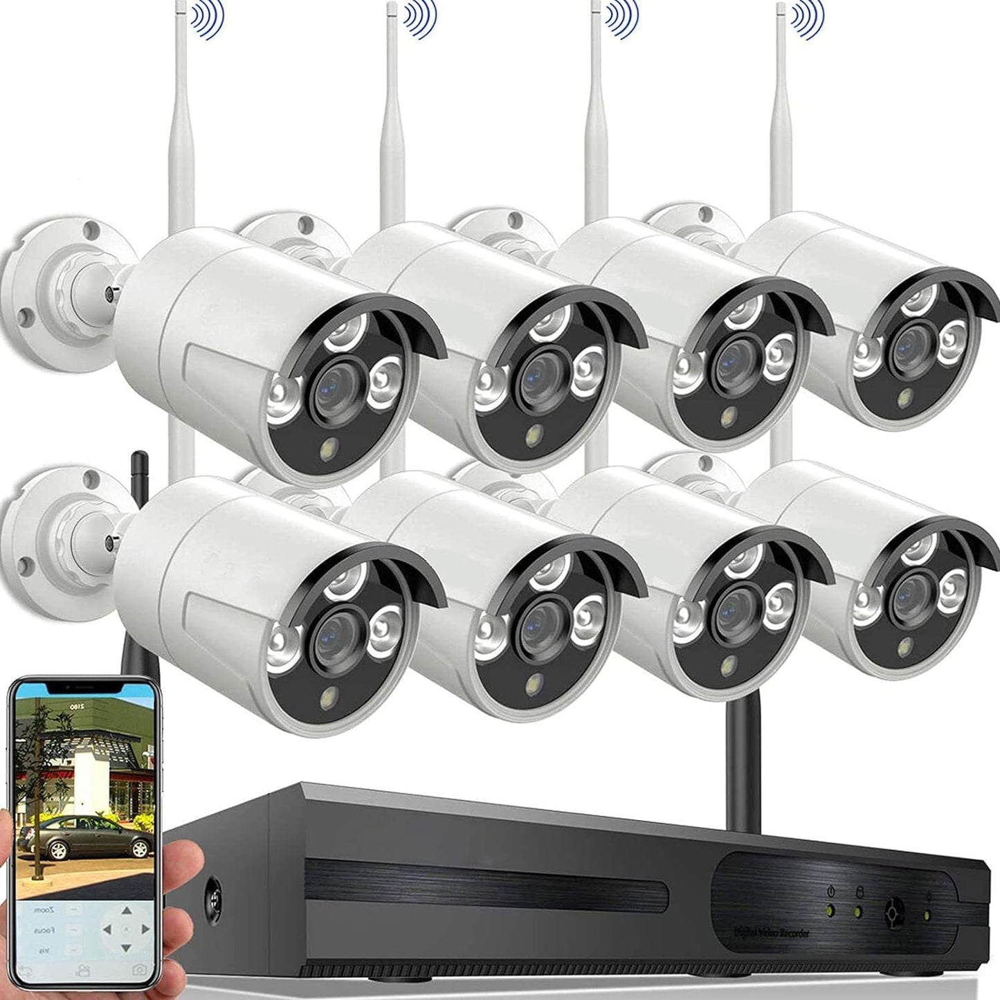 8CH 1080P Wireless NVR Recorder CCTV Security Camera System with Audio 8X 2.0MP Outdoor Bullet Cameras IP67 Waterproof 24/7 Continuous/Motion Recording