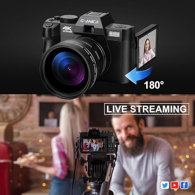 G-Anica 4K Digital Cameras for Photography，48MP/60FPS Video Camera for Vlogging, WiFi & App Control Vlogging Camera for YouTube, Small Camera with 32GB TF Card.Wide-Angle & Macro Lens