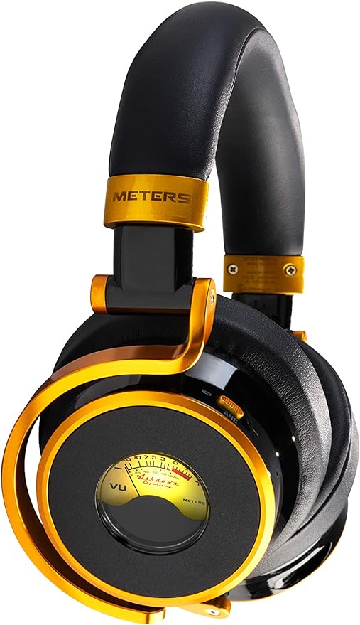 Meters Music OV-1-B Connect, Active Noise Cancelling, Over Ear Bluetooth 5.0 Headphones, App Controlled, Illuminated VU, Protein Leather, aptXTM HD Audio, Included Carry Case (Black & Gold)