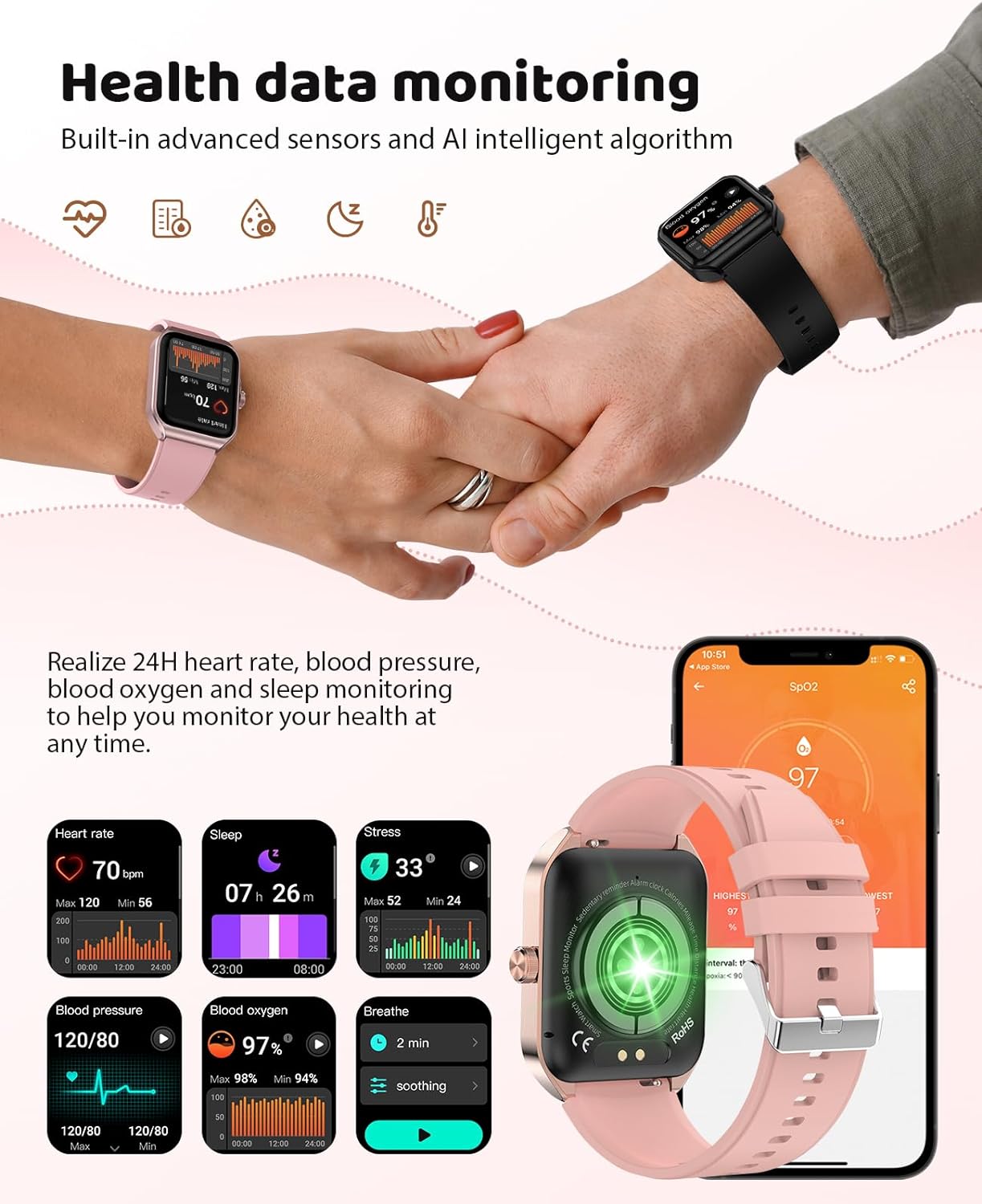 Smart Watch for Women, 1.91" HD Touch Screen Smartwatch with 100+ Sports, Blood Pressure, Heart Rate, Blood Oxygen, Sleep Monitor, IP68 Waterproof Fitness Tracker Compatible with Android iOS iPhone