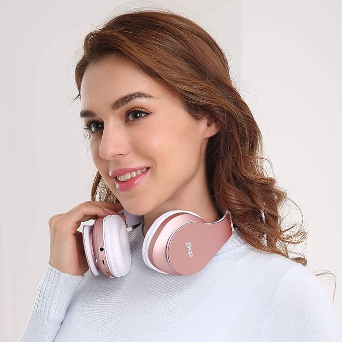 ZIHNIC Bluetooth Headphones Over-Ear, Foldable Wireless and Wired Stereo Headset Micro SD/TF, FM for Cell Phone,PC,Soft Earmuffs &Light Weight for Prolonged Wearing(Rose)