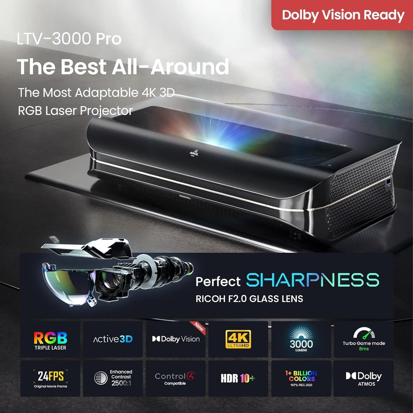 AWOL VISION LTV-3000 Pro 4K 3D Ultra Short Throw Triple Projector 4k, 3000 Lumen with Dolby Vision & Atmos, HDR10+, 150" UST Laser TV 4k Projector Home Cinema (Fire TV Stick 4K Max included)