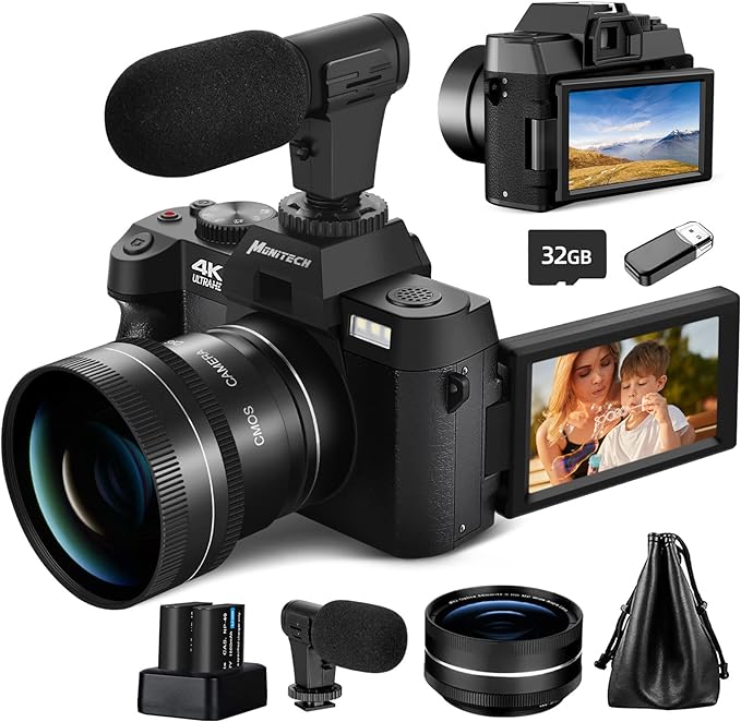 Monitech Digital Camera for Photography,Vlogging Camera for YouTube & Video 4K 48MP,with 180° Flip Screen,16X Digital Zoom,52mm Wide Angle & Macro Lens, 2 Batteries, 32GB TF Card