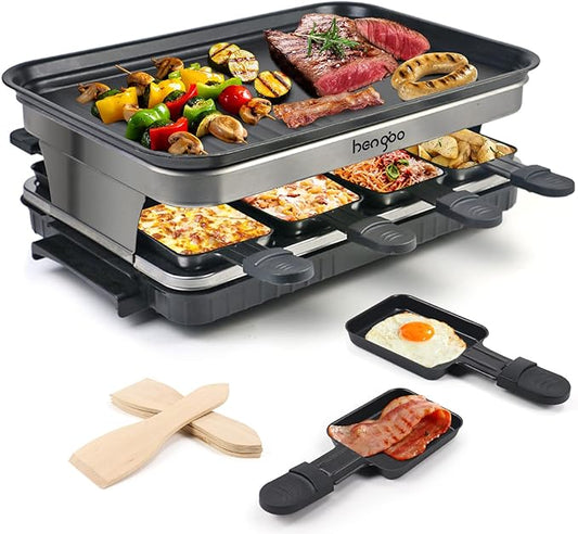 Raclette Grill 8 Person Indoor Grill Machine 8 Mini Non Stick Pan for Raclette Cheese Dishes Cooking Party Kitchen Cooker Health Electric Smokeless BBQ Grill 1 Steak Pan 4 Wooden Spatula, 1500W