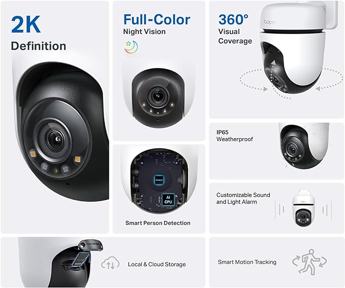 Tapo 2K Outdoor Pan/Tilt Security Wi-Fi Camera, IP65 Weatherproof, Motion Detection, 360° Visual Coverage,Full-Colour Night Vision,Cloud &Local Storage,Works with Alexa&Google Home(Tapo C510W)