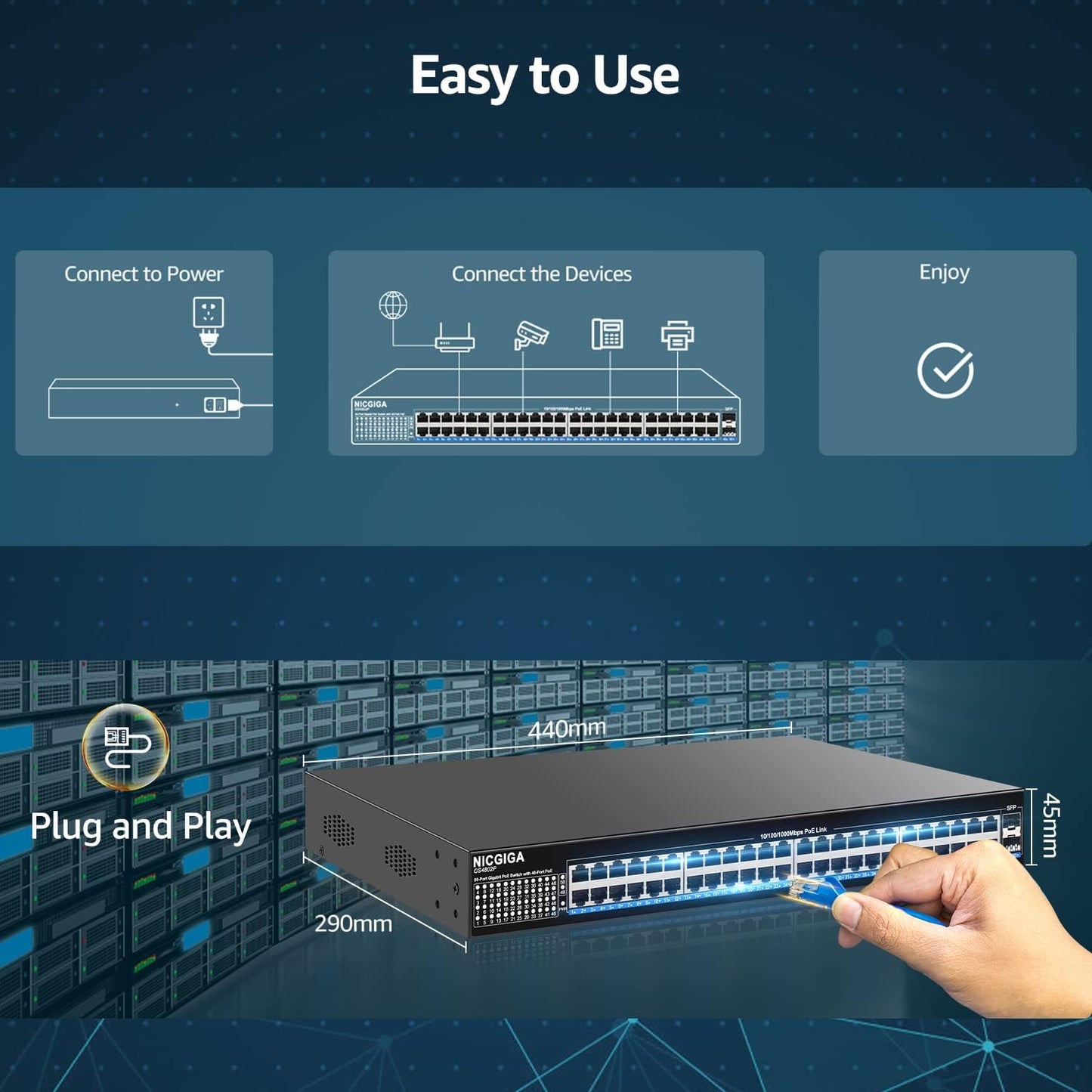 48 Port Gigabit PoE Switch Unmanaged with 48 Port IEEE802.3af/at PoE+@400W, 2 x 1G SFP, NICGIGA 50 Port Network Power Over Ethernet Switch, Desktop/Rackmount…