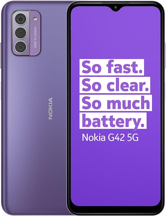 Nokia G42 5G 6.56” HD+ Smartphone Featuring Triple rear 50MP AI camera, 6GB/128GB Storage, 3-day battery life, Android 13, OZO 3D audio capture, QuickFix repairability and Dual SIM - Purple