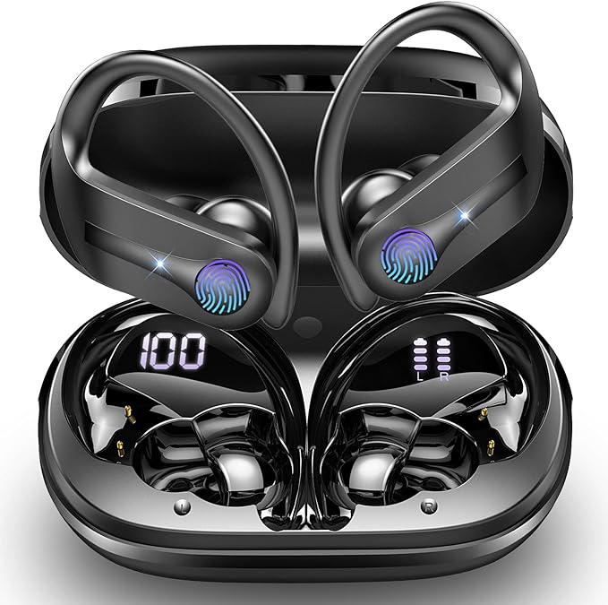 Wireless Headphones, Bluetooth 5.3 Sports Wireless Earbuds Hifi Stereo Noise Cancelling with HD Mic, 50H Playtime Earphones Dual LED Display, USB-C, IP7 Waterproof, Gym