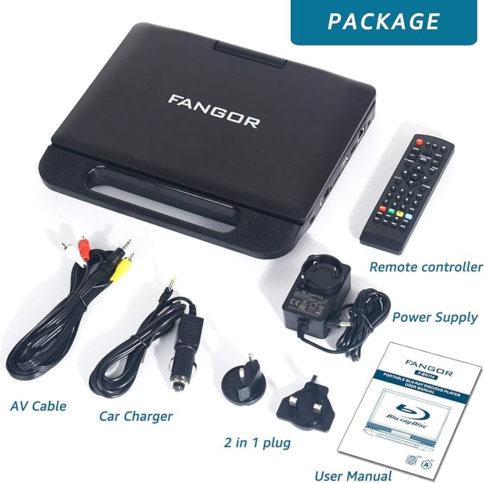 FANGOR 12 Inch Portable Blu Ray DVD Player with HDMI Output Built-in Rechargeable Battery, Sync Screen, AV Out/in, Dolby Audio, USB/SD Playback