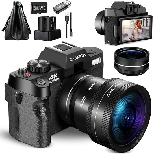 G-Anica 4K Digital Cameras for Photography，48MP/60FPS Video Camera for Vlogging, WiFi & App Control Vlogging Camera for YouTube, Small Camera with 32GB TF Card.Wide-Angle & Macro Lens