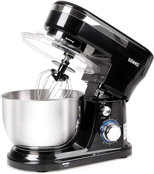 Duronic Electric Stand Mixer SM104, Kitchen Mixers, 6 Speed + Pulse Function, 1000W, 4 Litre Mixing Bowl with Splash Guard, Includes Beater, Whisk & Dough Hook, Baking & Cooking