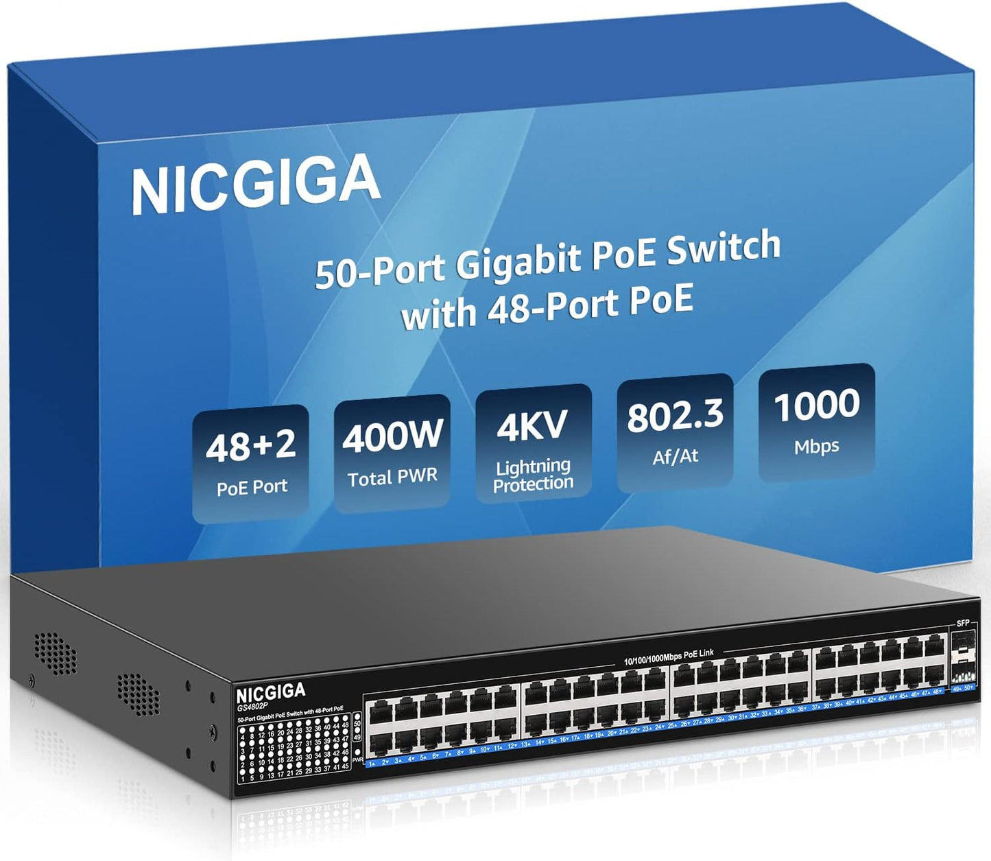 48 Port Gigabit PoE Switch Unmanaged with 48 Port IEEE802.3af/at PoE+@400W, 2 x 1G SFP, NICGIGA 50 Port Network Power Over Ethernet Switch, Desktop/Rackmount…