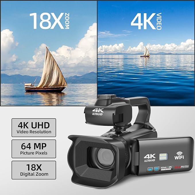 NBD Camcorder 4K Video Camera Auto Focus 64MP 60FPS 18X Zoom Digital Vlogging Camera for YouTube 4.0" Touch Screen WiFi Webcam Video Camera with 32G SD Card