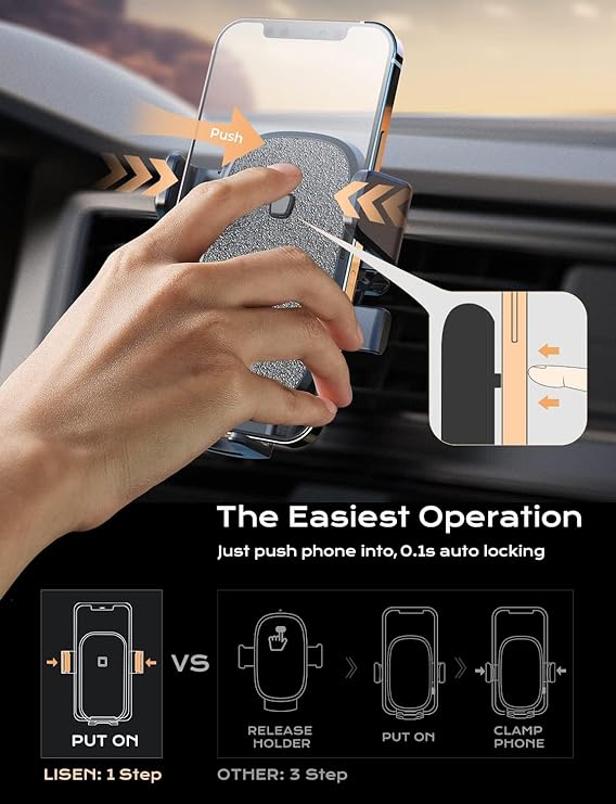 LISEN Car Phone Holder Mount [2023 Upgrade Auto Locking] Phone Holder for Car with Hook Clip Air Vent Car Mount Universal Mobile Phone Mount Car Accessories for iPhone 15 13 14 Pro Max Plus