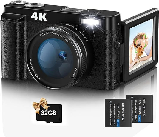 Digital Camera,Jumobuis 4K 48MP Autofocus Vlogging Camera with 32G Memory Card 16X Digital Zoom,Powerful Cameras for Photography with 2 Batteries for YouTube Black