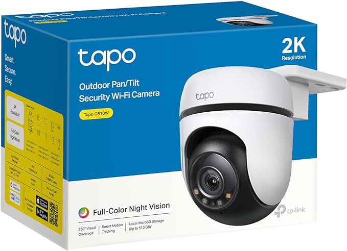 Tapo 2K Outdoor Pan/Tilt Security Wi-Fi Camera, IP65 Weatherproof, Motion Detection, 360° Visual Coverage,Full-Colour Night Vision,Cloud &Local Storage,Works with Alexa&Google Home(Tapo C510W)